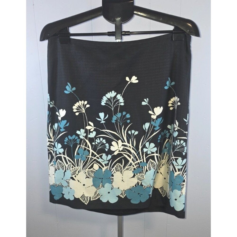 Ann Taylor Loft Black Blue White Floral Skirt Size 12 Silk Cotton